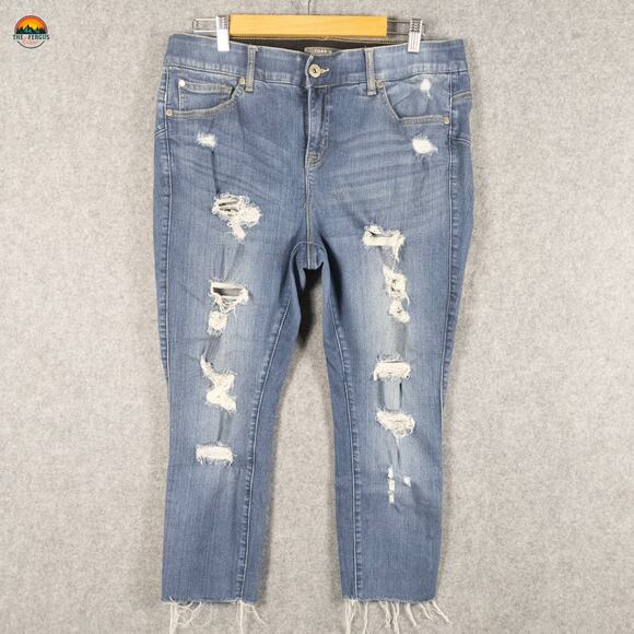 Torrid Bombshell Skinny Jeans Blue Distressed Fringe Denim Women's Plus Size 14S - Picture 2 of 13